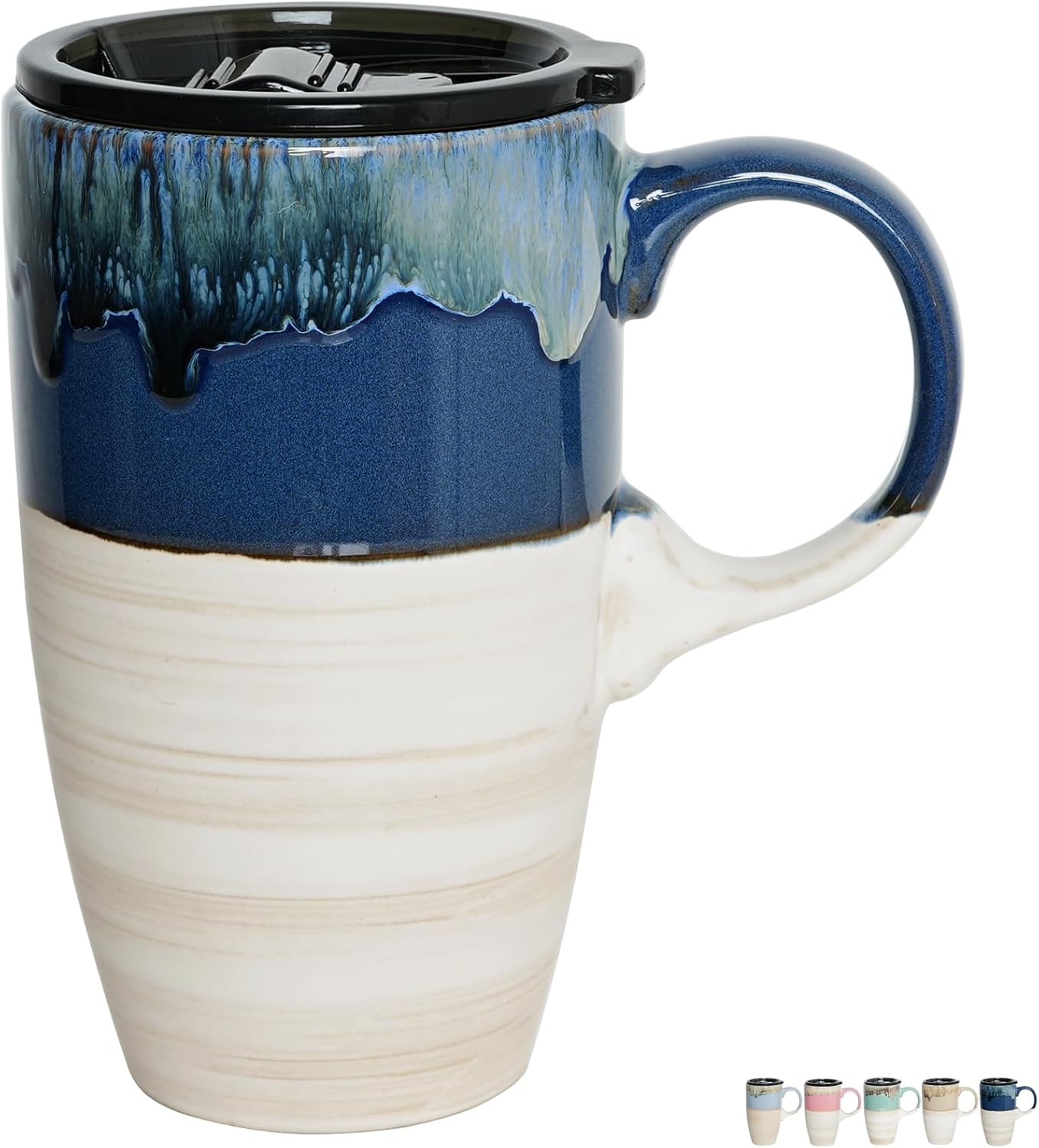Ceramic Travel Coffeel Mug with Handle and Lid, 18 oz, Portable Coffee Cup for Car Cup Holder, Microwave and Dishwasher Safe, Reactive Glaze (Deep Blue)