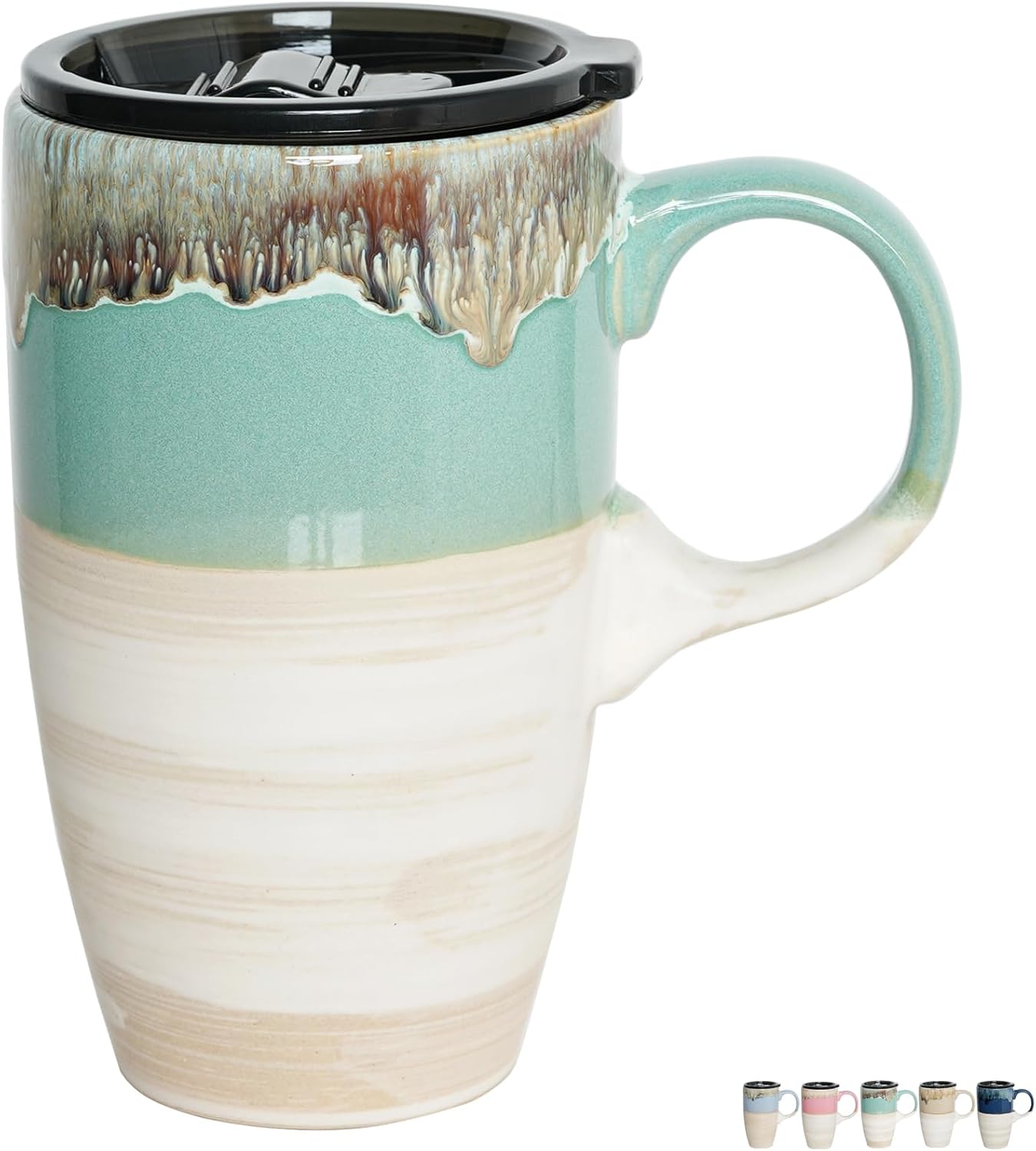 Ceramic Travel Coffeel Mug with Handle and Lid, 18 oz, Portable Coffee Cup for Car Cup Holder, Microwave and Dishwasher Safe, Reactive Glaze (Deep Blue)