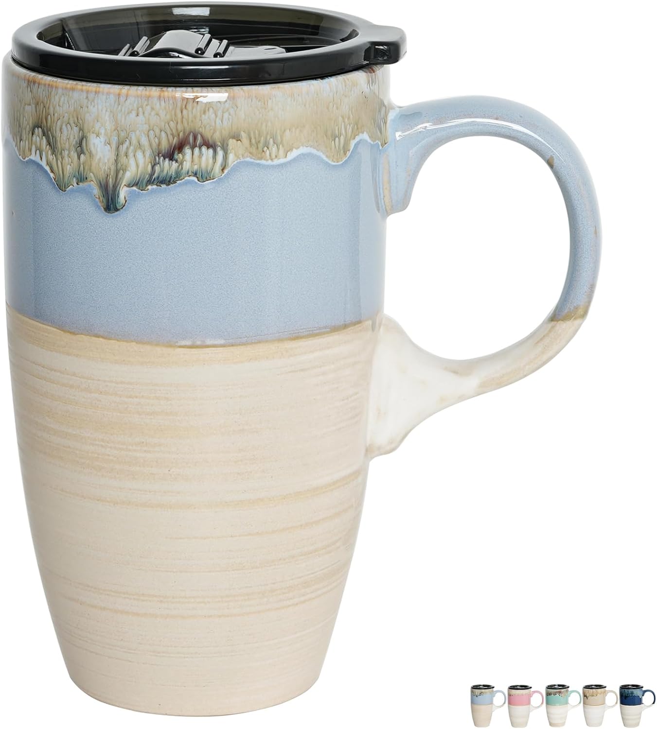 Ceramic Travel Coffeel Mug with Handle and Lid, 18 oz, Portable Coffee Cup for Car Cup Holder, Microwave and Dishwasher Safe, Reactive Glaze (Deep Blue)