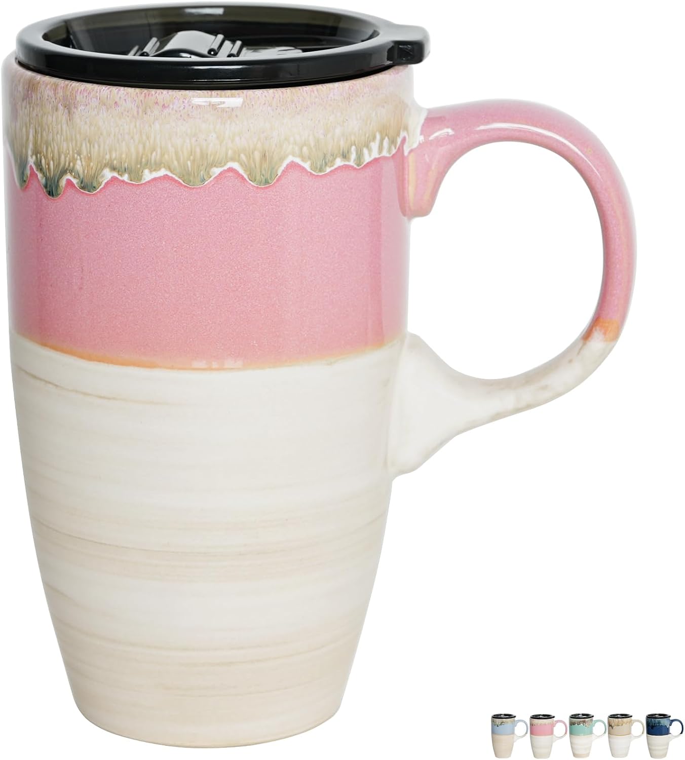Ceramic Travel Coffeel Mug with Handle and Lid, 18 oz, Portable Coffee Cup for Car Cup Holder, Microwave and Dishwasher Safe, Reactive Glaze (Deep Blue)