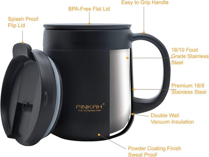 16OZ Stainless Steel Insulated Coffee Mug with Handle and Lid, Double Wall Vacuum Coffee Tumbler Thermal Cup with 2 Lids