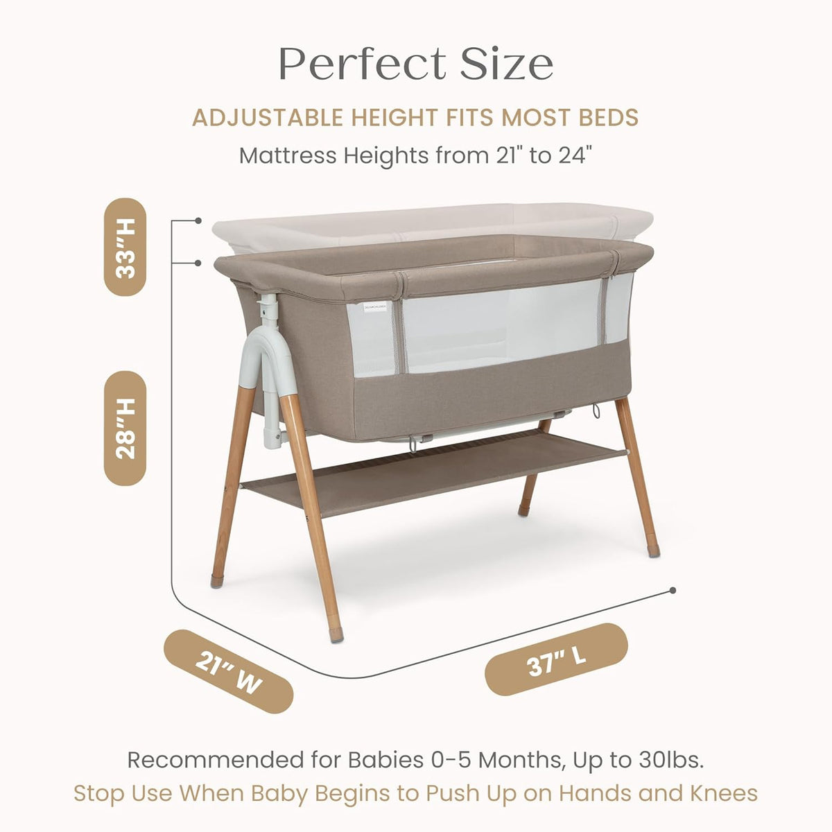 Bondi Adjustable Height Bedside Beechwood Bassinet with PureAir Mesh Sheet and FSC-Certified Wood, Tan