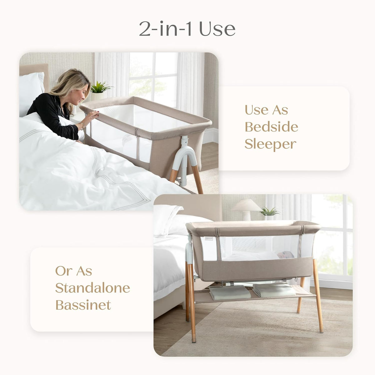 Bondi Adjustable Height Bedside Beechwood Bassinet with PureAir Mesh Sheet and FSC-Certified Wood, Tan