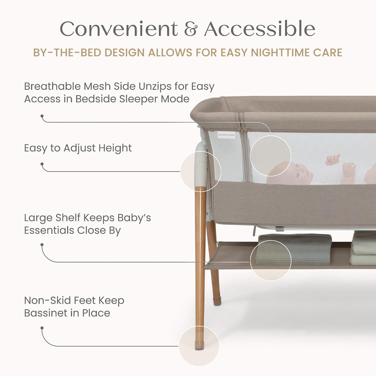 Bondi Adjustable Height Bedside Beechwood Bassinet with PureAir Mesh Sheet and FSC-Certified Wood, Tan