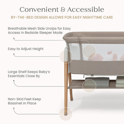 Bondi Adjustable Height Bedside Beechwood Bassinet with PureAir Mesh Sheet and FSC-Certified Wood, Tan