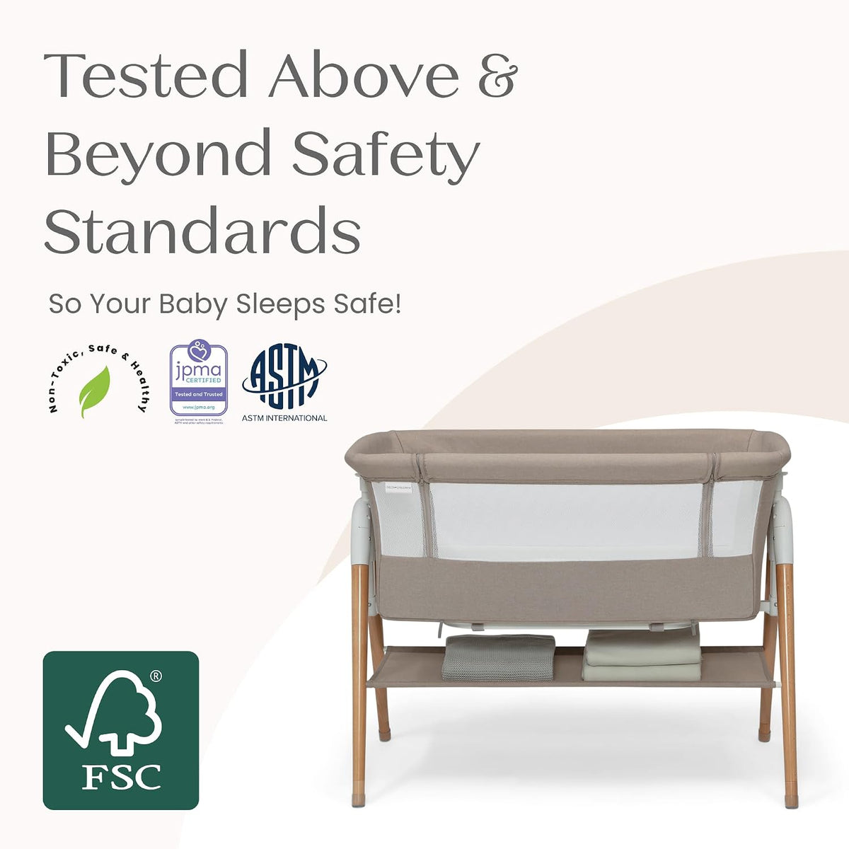 Bondi Adjustable Height Bedside Beechwood Bassinet with PureAir Mesh Sheet and FSC-Certified Wood, Tan