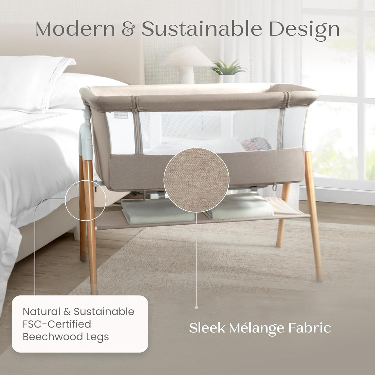 Bondi Adjustable Height Bedside Beechwood Bassinet with PureAir Mesh Sheet and FSC-Certified Wood, Tan
