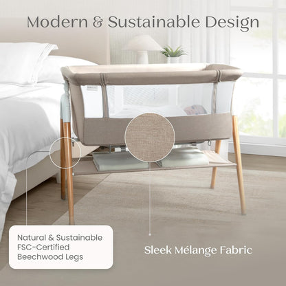 Bondi Adjustable Height Bedside Beechwood Bassinet with PureAir Mesh Sheet and FSC-Certified Wood, Tan
