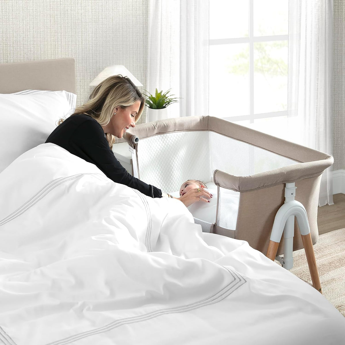 Bondi Adjustable Height Bedside Beechwood Bassinet with PureAir Mesh Sheet and FSC-Certified Wood, Tan