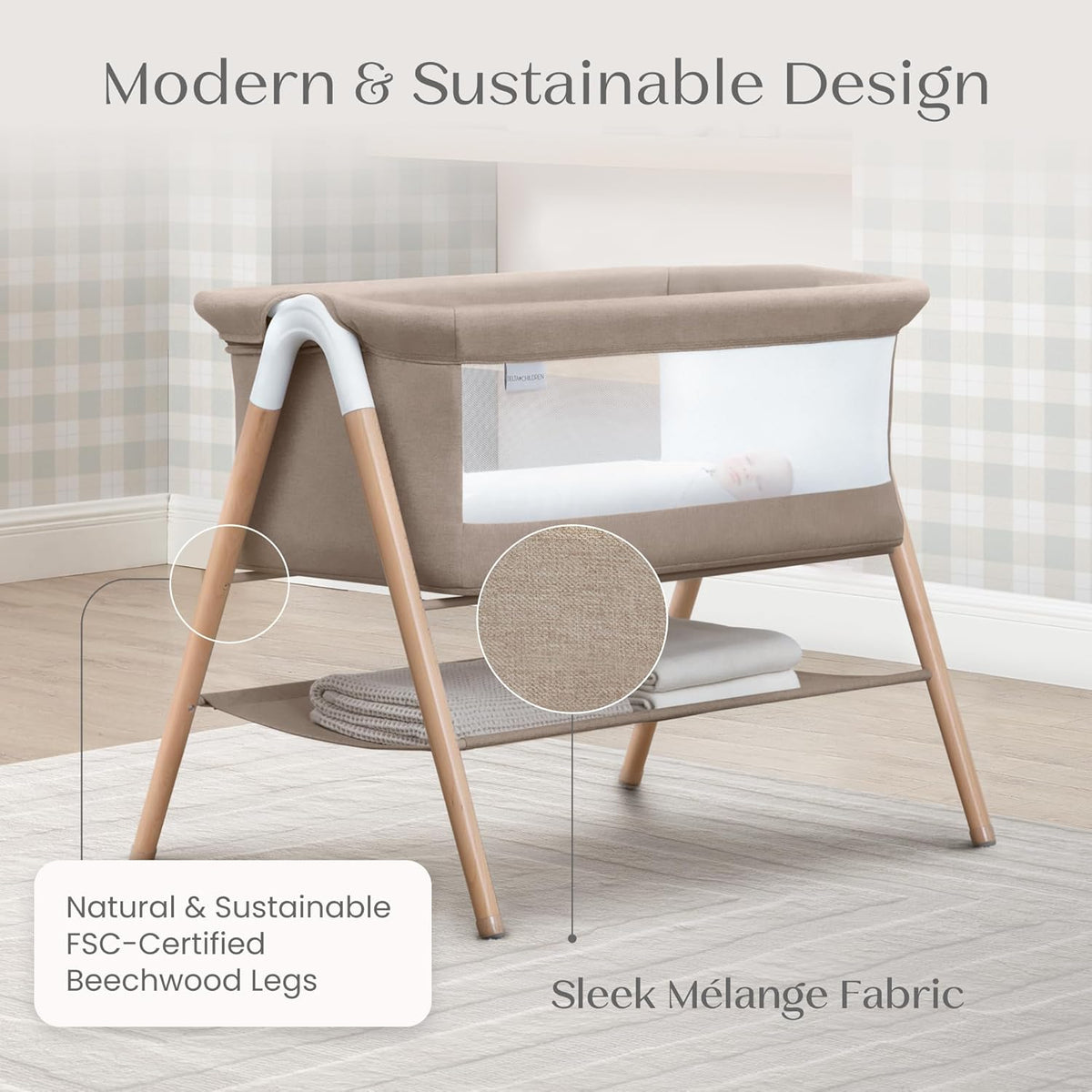 Bondi Adjustable Height Bedside Beechwood Bassinet with PureAir Mesh Sheet and FSC-Certified Wood, Tan