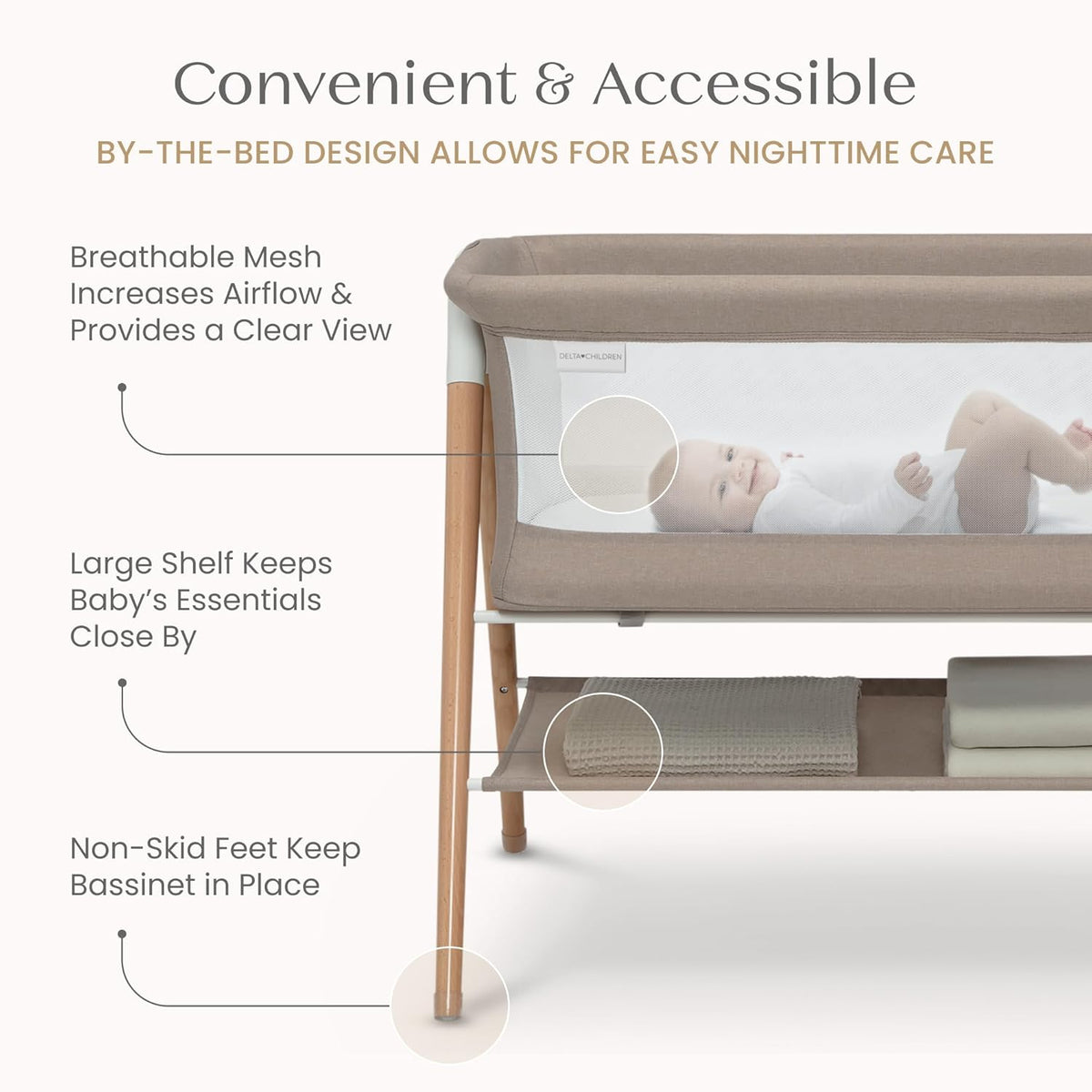 Bondi Adjustable Height Bedside Beechwood Bassinet with PureAir Mesh Sheet and FSC-Certified Wood, Tan