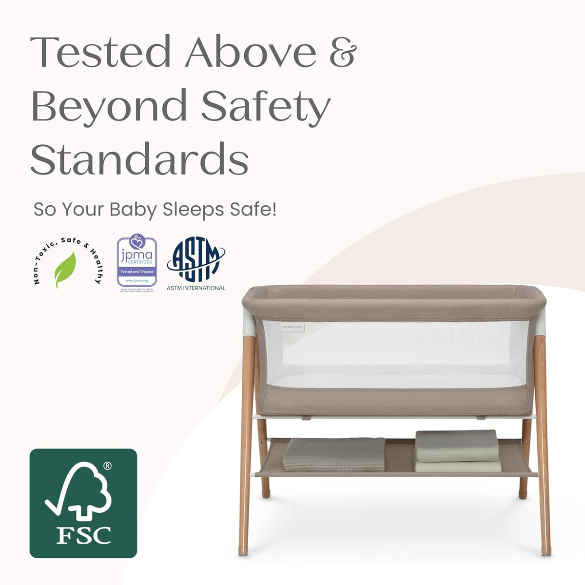 Bondi Adjustable Height Bedside Beechwood Bassinet with PureAir Mesh Sheet and FSC-Certified Wood, Tan