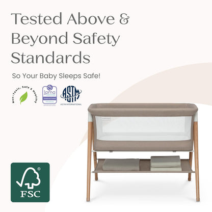 Bondi Adjustable Height Bedside Beechwood Bassinet with PureAir Mesh Sheet and FSC-Certified Wood, Tan