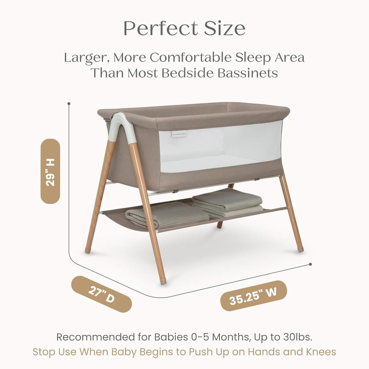 Bondi Adjustable Height Bedside Beechwood Bassinet with PureAir Mesh Sheet and FSC-Certified Wood, Tan