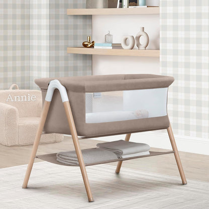 Bondi Adjustable Height Bedside Beechwood Bassinet with PureAir Mesh Sheet and FSC-Certified Wood, Tan