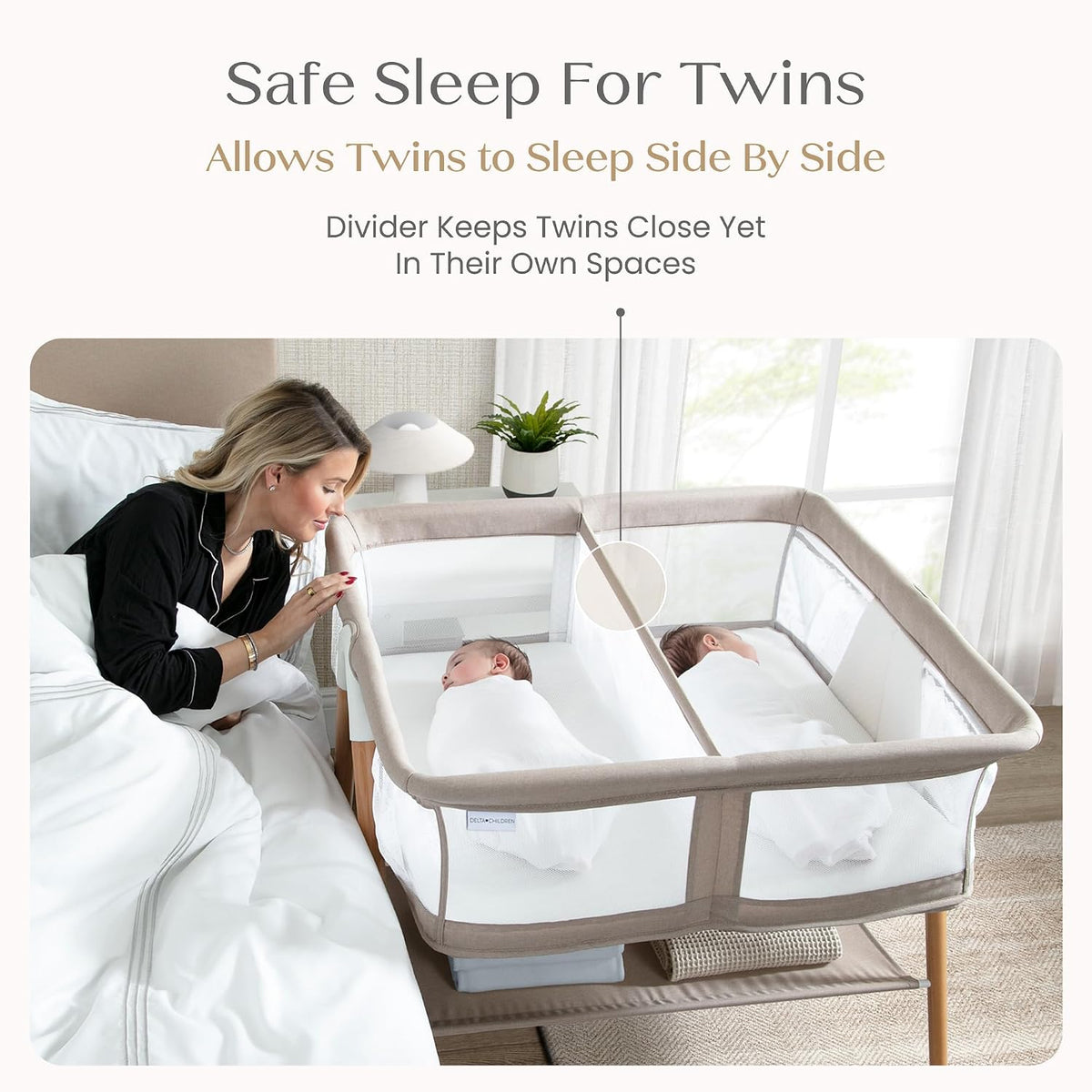 Bondi Adjustable Height Bedside Beechwood Bassinet with PureAir Mesh Sheet and FSC-Certified Wood, Tan