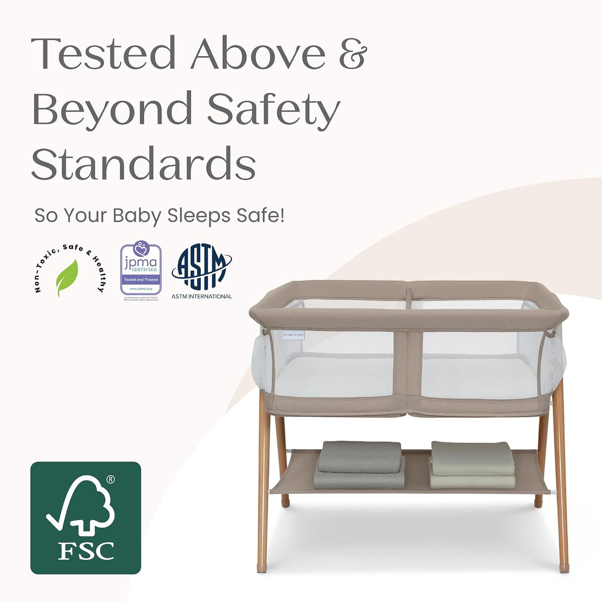 Bondi Adjustable Height Bedside Beechwood Bassinet with PureAir Mesh Sheet and FSC-Certified Wood, Tan