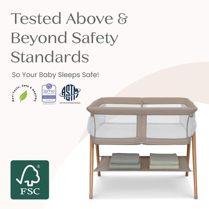 Bondi Adjustable Height Bedside Beechwood Bassinet with PureAir Mesh Sheet and FSC-Certified Wood, Tan