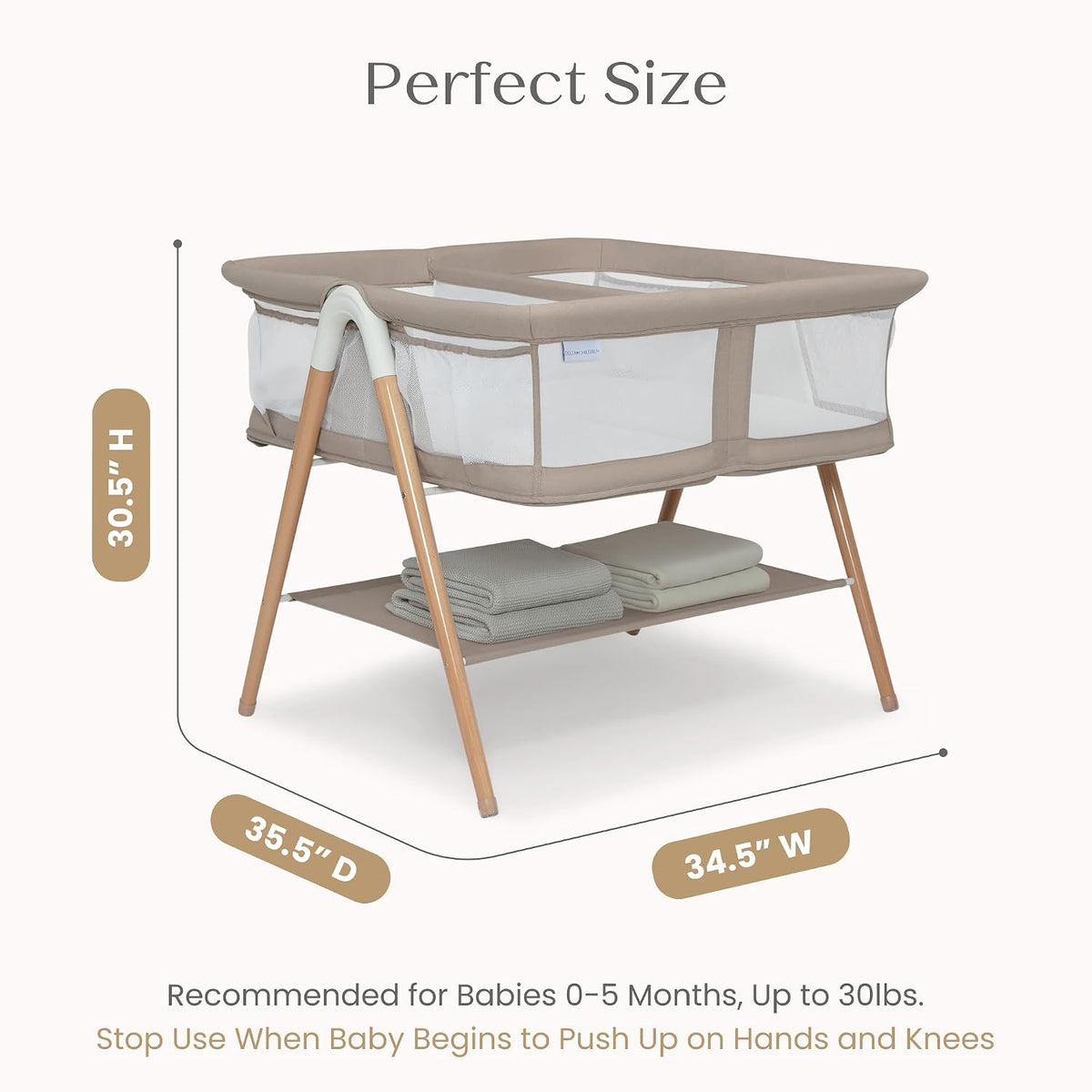 Bondi Adjustable Height Bedside Beechwood Bassinet with PureAir Mesh Sheet and FSC-Certified Wood, Tan