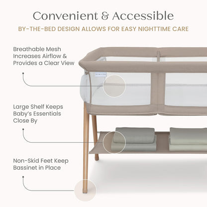 Bondi Adjustable Height Bedside Beechwood Bassinet with PureAir Mesh Sheet and FSC-Certified Wood, Tan