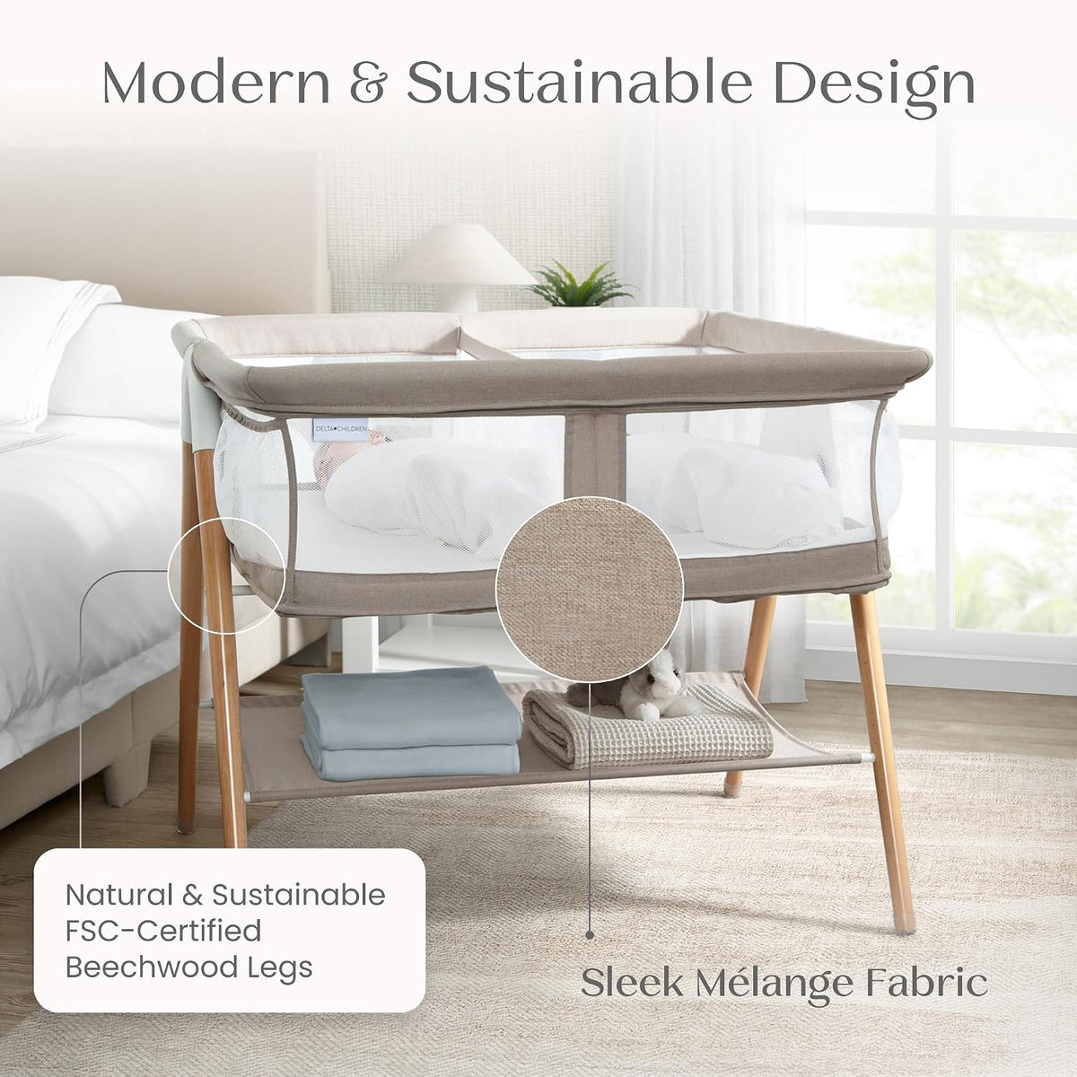Bondi Adjustable Height Bedside Beechwood Bassinet with PureAir Mesh Sheet and FSC-Certified Wood, Tan