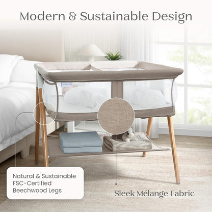 Bondi Adjustable Height Bedside Beechwood Bassinet with PureAir Mesh Sheet and FSC-Certified Wood, Tan