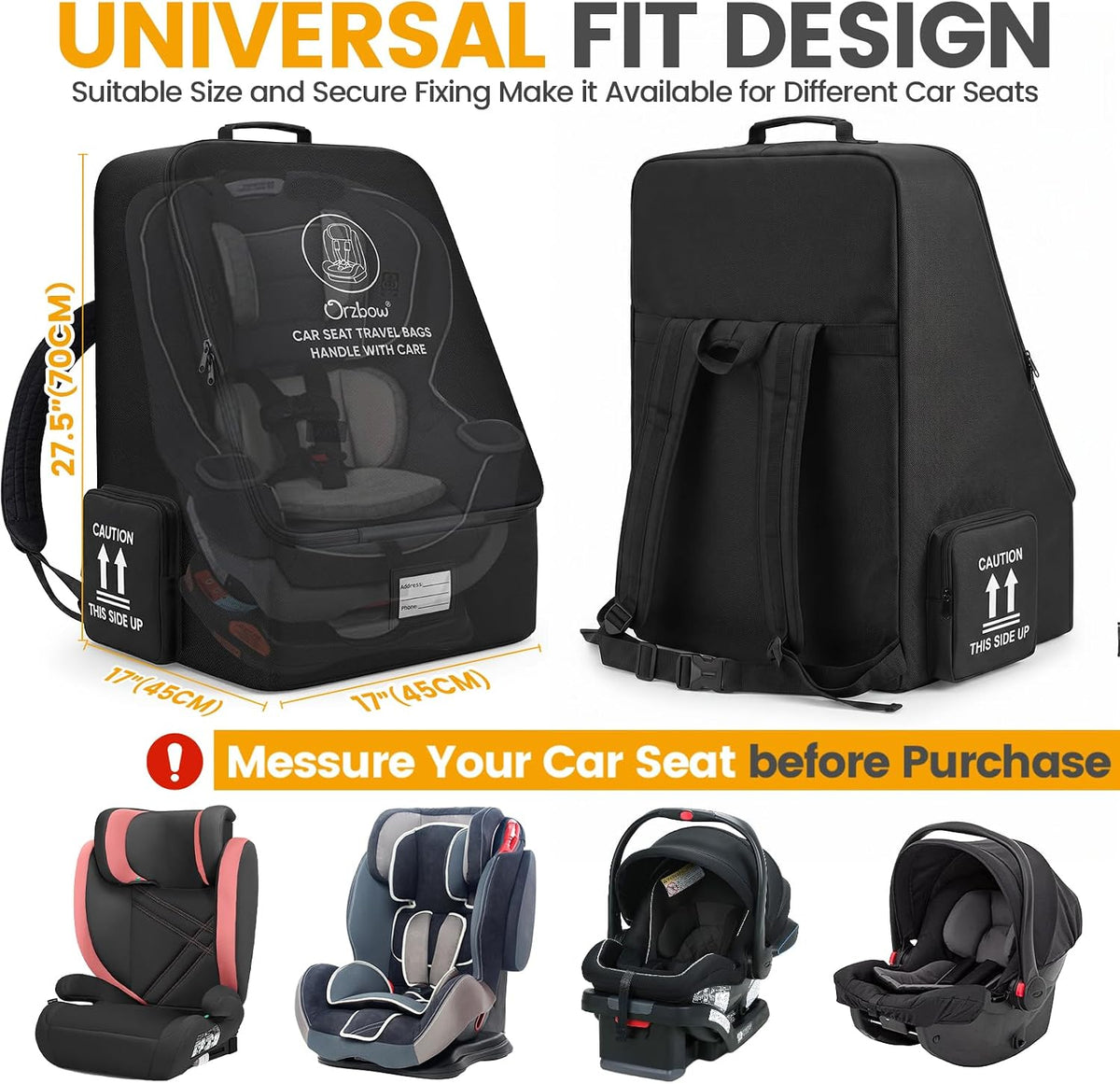Orzbow Padded Car Seat Travel Bag for Airplane, Carseat Backpack Bag, Black