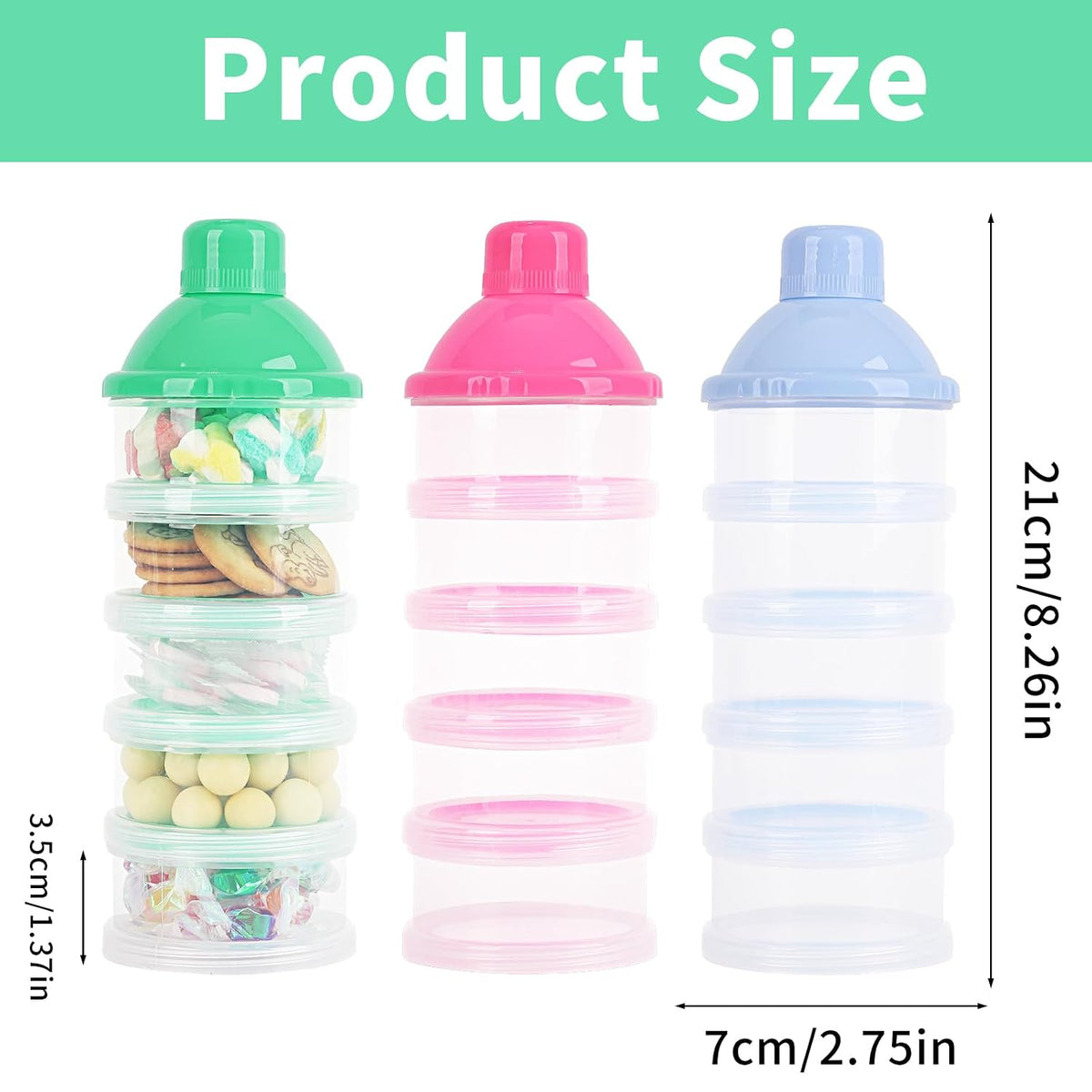 2 PCS 5 Layers Baby Milk Powder Dispenser, Milk Powder Pots, Formula Dispenser Portable Milk Powder Formula Dispenser Container Pot Box Milk Cans Snack Storage Box for Travel (Pink + Green)