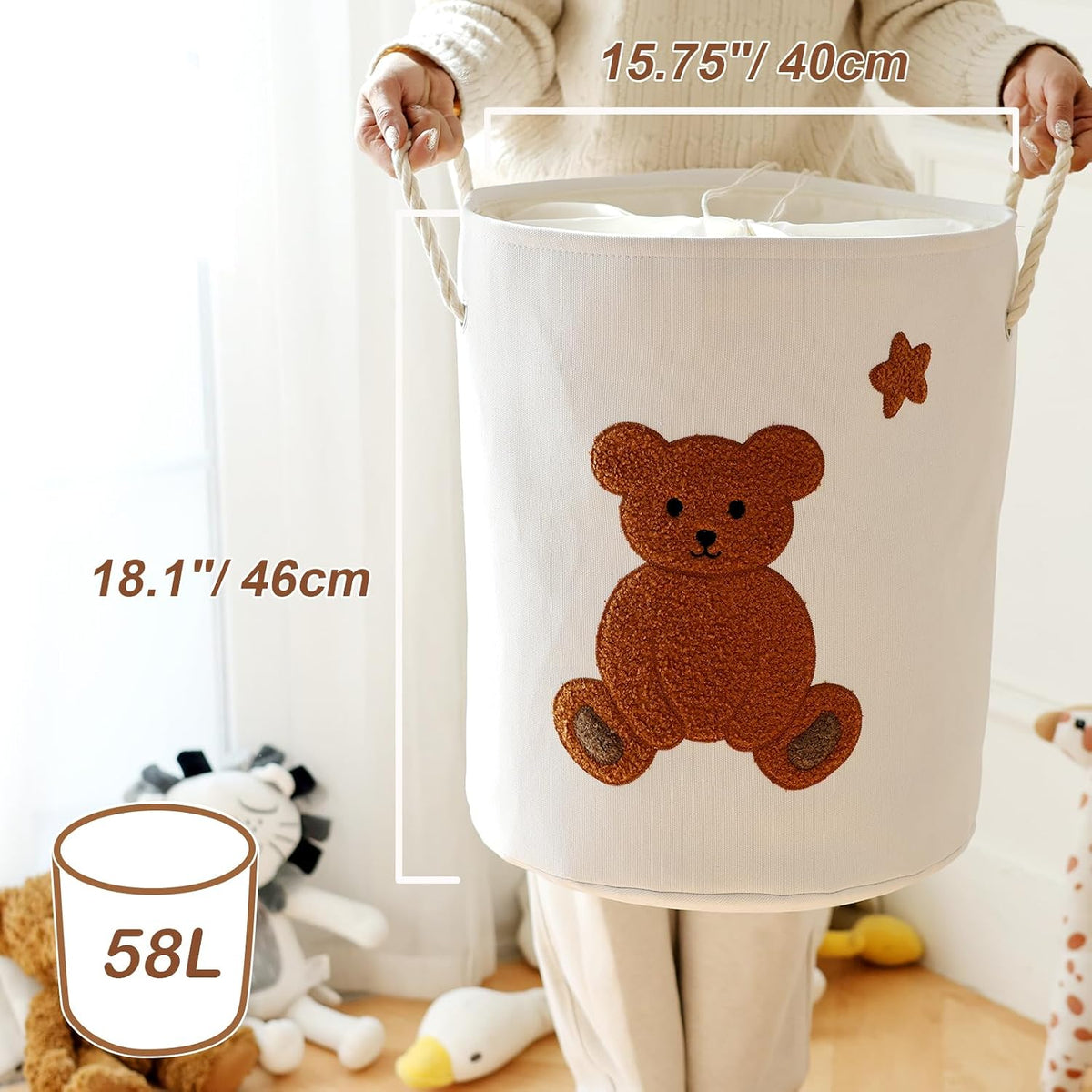 Baby Hamper Extra Large Nursery Hamper, 58L Kids Toys Basket Laundry Basket for Baby's Dirty Clothes Collapsible Storage Basket Canvas Clothes Hamper Toy Box Dorm Room Essentials for College