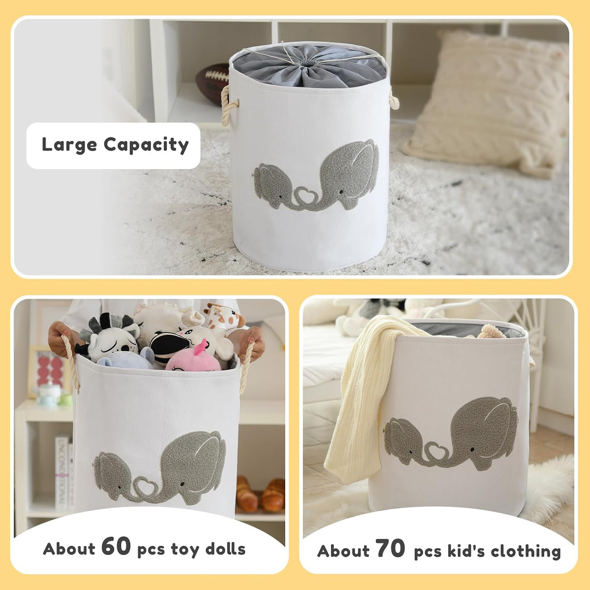 Baby Hamper Extra Large Nursery Hamper, 58L Kids Toys Basket Laundry Basket for Baby's Dirty Clothes Collapsible Storage Basket Canvas Clothes Hamper Toy Box Dorm Room Essentials for College
