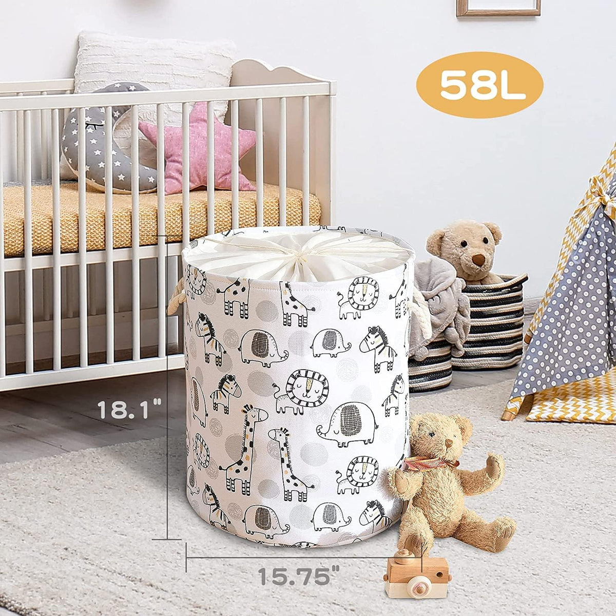Baby Hamper Extra Large Nursery Hamper, 58L Kids Toys Basket Laundry Basket for Baby's Dirty Clothes Collapsible Storage Basket Canvas Clothes Hamper Toy Box Dorm Room Essentials for College