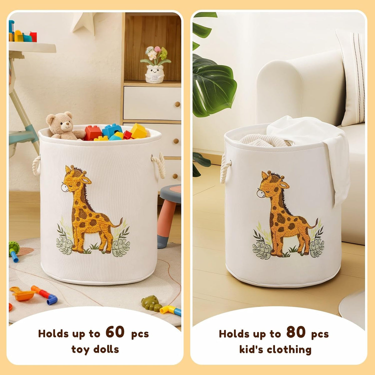 Baby Hamper Extra Large Nursery Hamper, 58L Kids Toys Basket Laundry Basket for Baby's Dirty Clothes Collapsible Storage Basket Canvas Clothes Hamper Toy Box Dorm Room Essentials for College