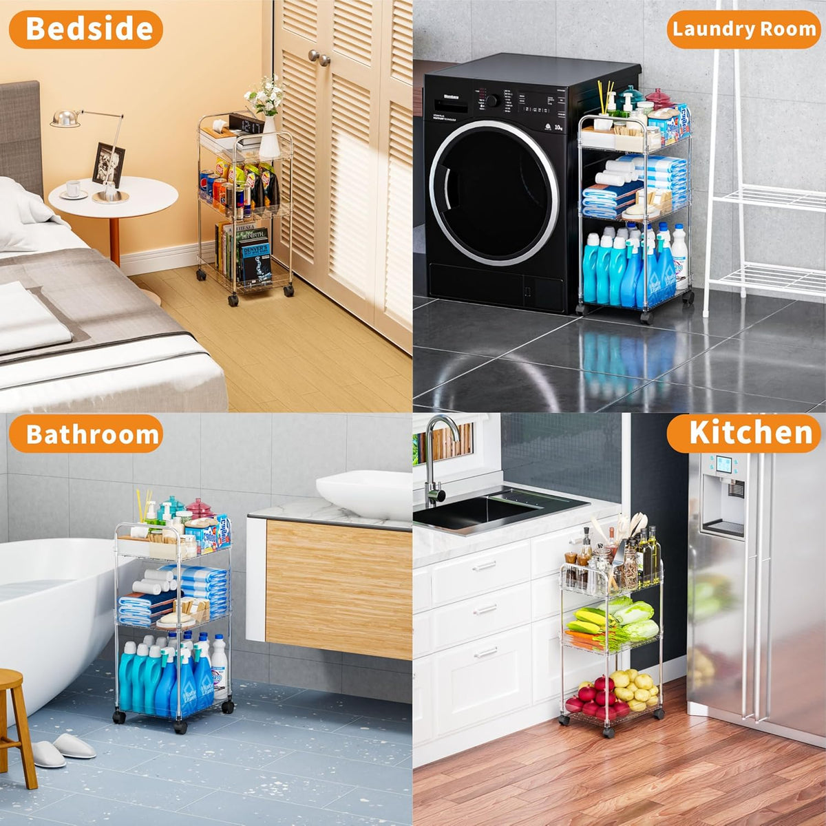 3 Tiered Rolling Utility Cart on Wheels with Handle,Modern Design Storage Cart for Bedside,Nursery,Snack,Nail,Book,Diaper Caddy,Lash Cart Organizer,Detergent Stand for Laundry Room,Bathroom