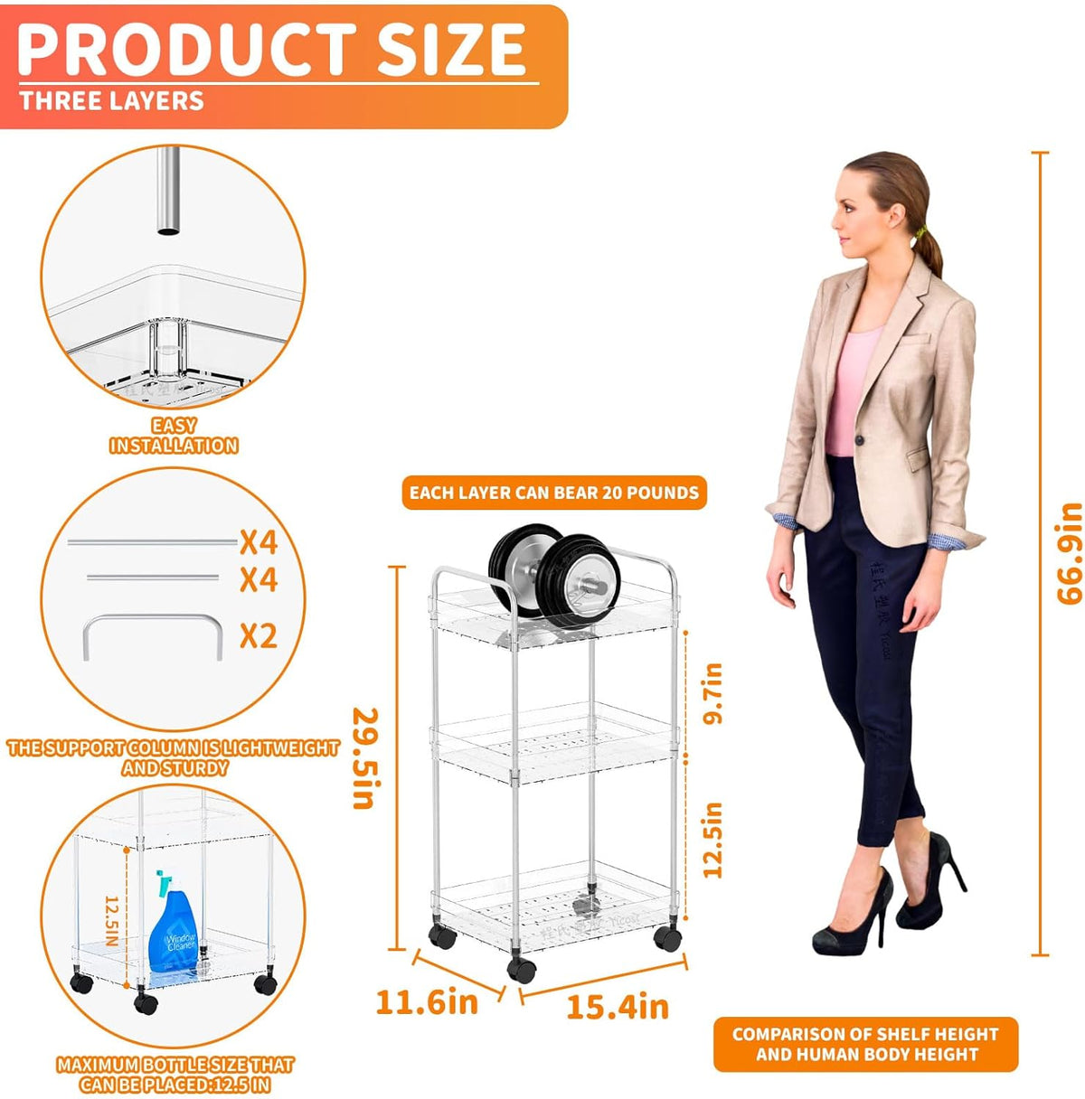 3 Tiered Rolling Utility Cart on Wheels with Handle,Modern Design Storage Cart for Bedside,Nursery,Snack,Nail,Book,Diaper Caddy,Lash Cart Organizer,Detergent Stand for Laundry Room,Bathroom