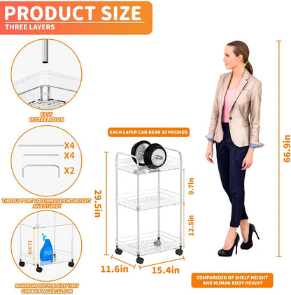 3 Tiered Rolling Utility Cart on Wheels with Handle,Modern Design Storage Cart for Bedside,Nursery,Snack,Nail,Book,Diaper Caddy,Lash Cart Organizer,Detergent Stand for Laundry Room,Bathroom