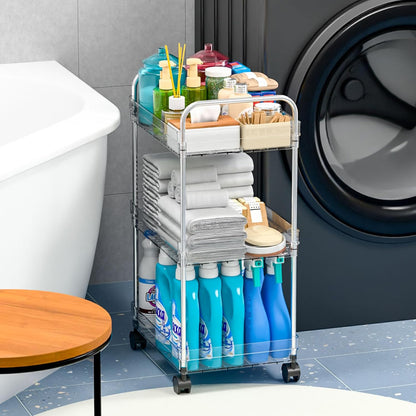 3 Tiered Rolling Utility Cart on Wheels with Handle,Modern Design Storage Cart for Bedside,Nursery,Snack,Nail,Book,Diaper Caddy,Lash Cart Organizer,Detergent Stand for Laundry Room,Bathroom