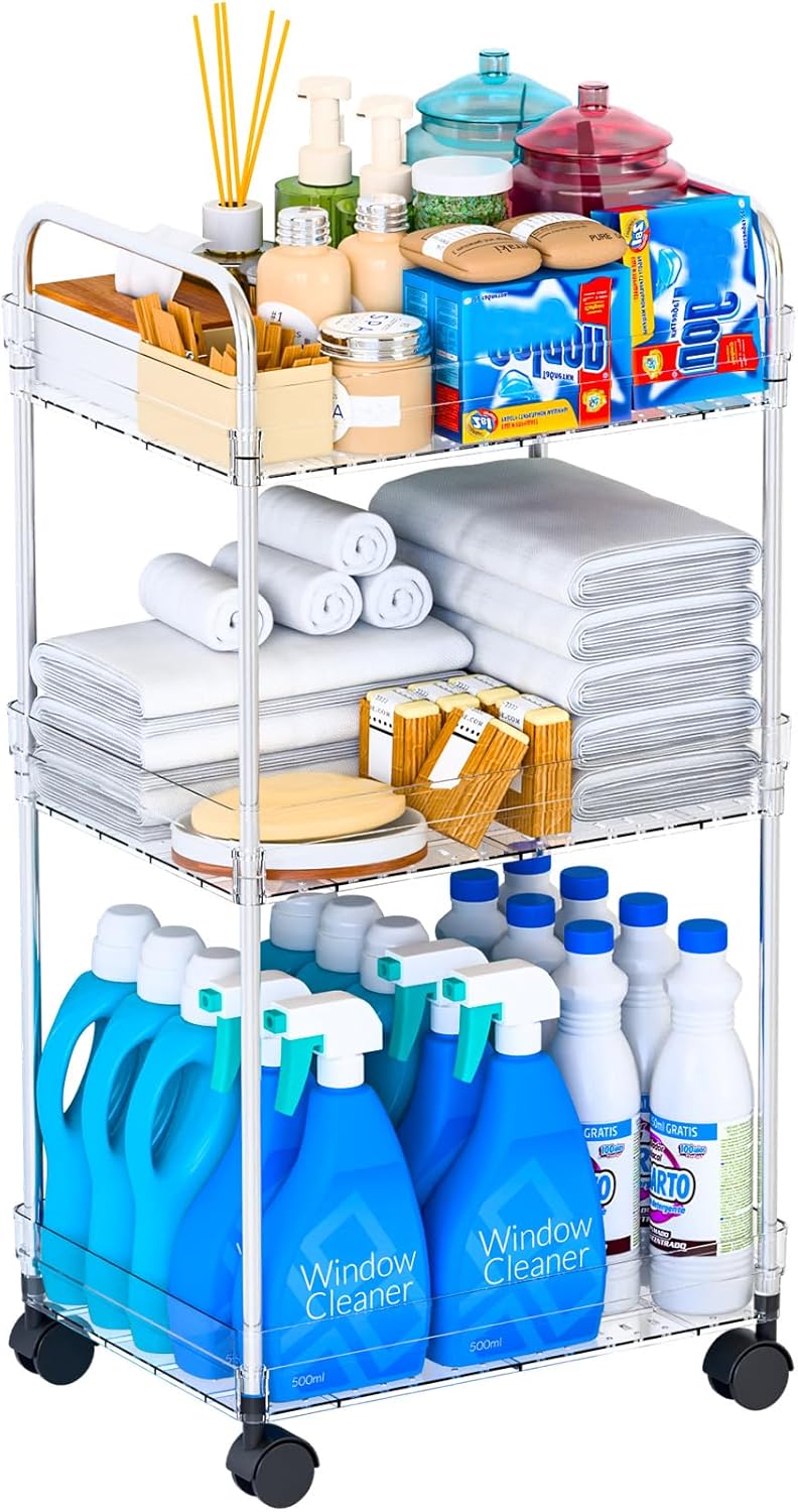 3 Tiered Rolling Utility Cart on Wheels with Handle,Modern Design Storage Cart for Bedside,Nursery,Snack,Nail,Book,Diaper Caddy,Lash Cart Organizer,Detergent Stand for Laundry Room,Bathroom