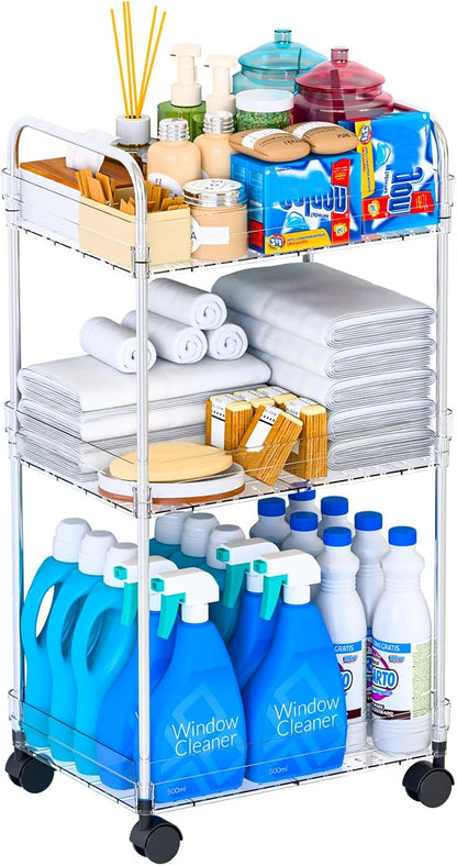 3 Tiered Rolling Utility Cart on Wheels with Handle,Modern Design Storage Cart for Bedside,Nursery,Snack,Nail,Book,Diaper Caddy,Lash Cart Organizer,Detergent Stand for Laundry Room,Bathroom
