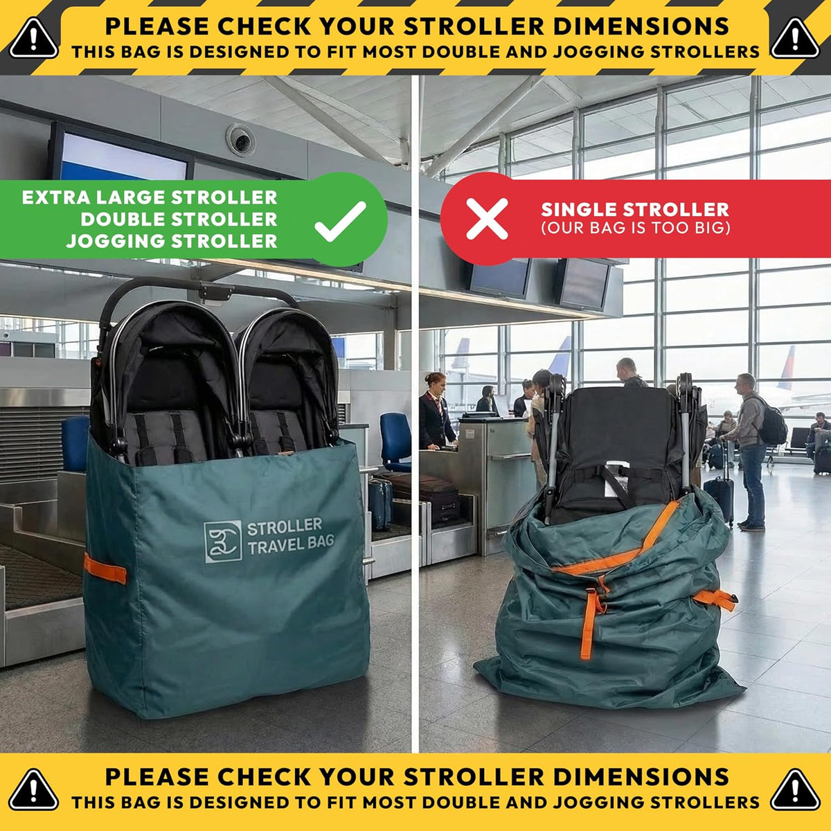Extra Large Double Stroller Wagon Gate Check Bag for Airplane Travel [50" x 26" x 18"] 420D Waterproof Nylon | Fits Wonderfold W4, BOB Joggers, Veer, Jeep Wagon, Radio Flyer | NOT for Single Strollers