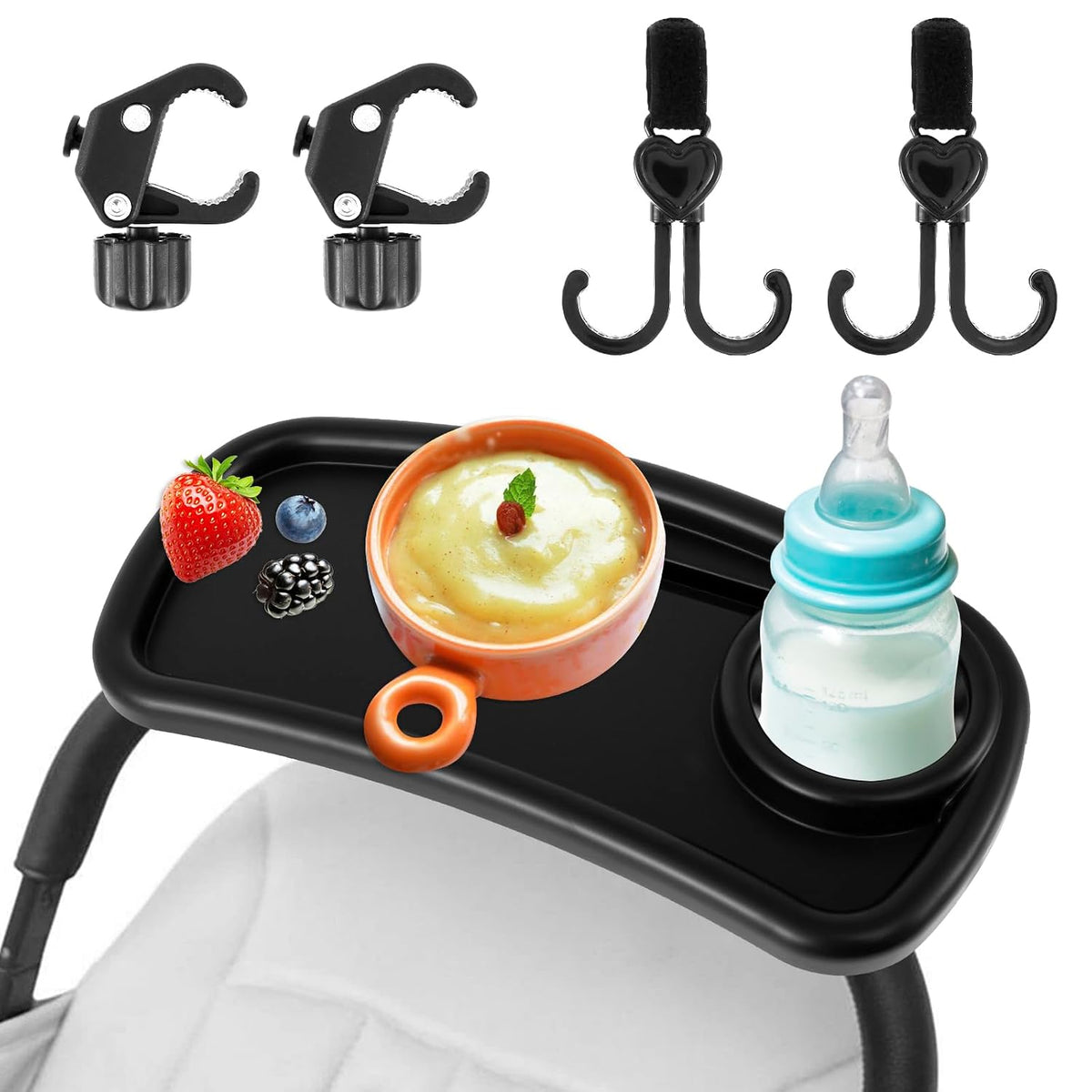 Stroller Snack Tray, Universal Stroller Food Tray with Cup Holder, Universal Stroller Tray, Removable Baby Snack Tray with Adjustable Buckle and Hooks. (1 x Upgraded Trolley Plate 2 x Hooks)