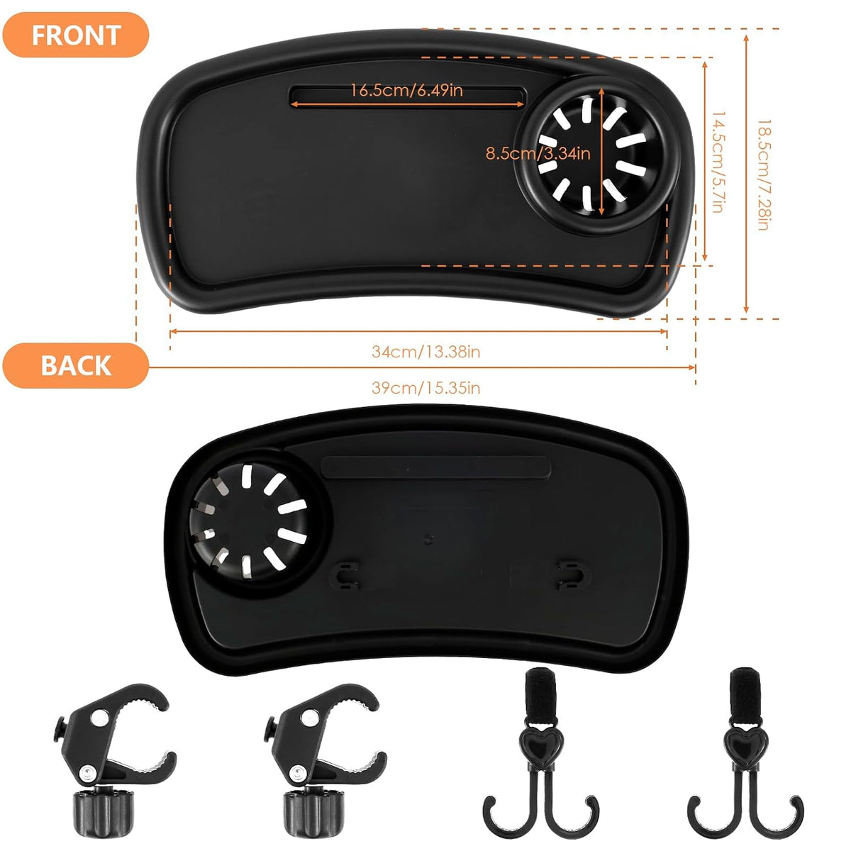Stroller Snack Tray, Universal Stroller Food Tray with Cup Holder, Universal Stroller Tray, Removable Baby Snack Tray with Adjustable Buckle and Hooks. (1 x Upgraded Trolley Plate 2 x Hooks)