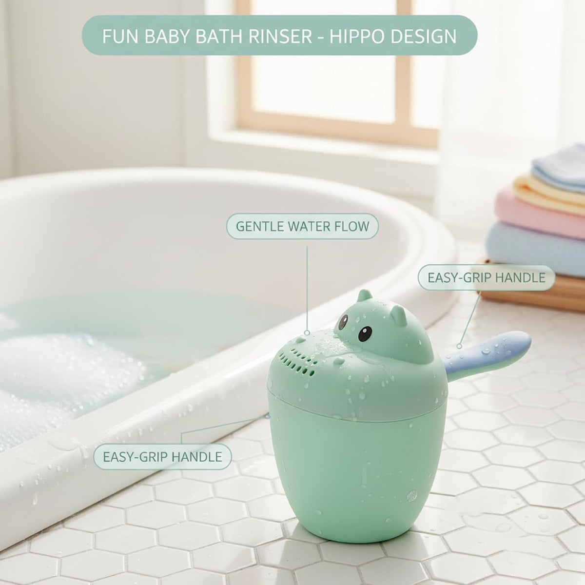 Baby Bath Rinse Cup, Fun Hippo Bath Water Pourer for Kids with Easy-Fill Design, Gentle Shower for Hair Rinsing, Safe PP Material, Baby Water Pourer