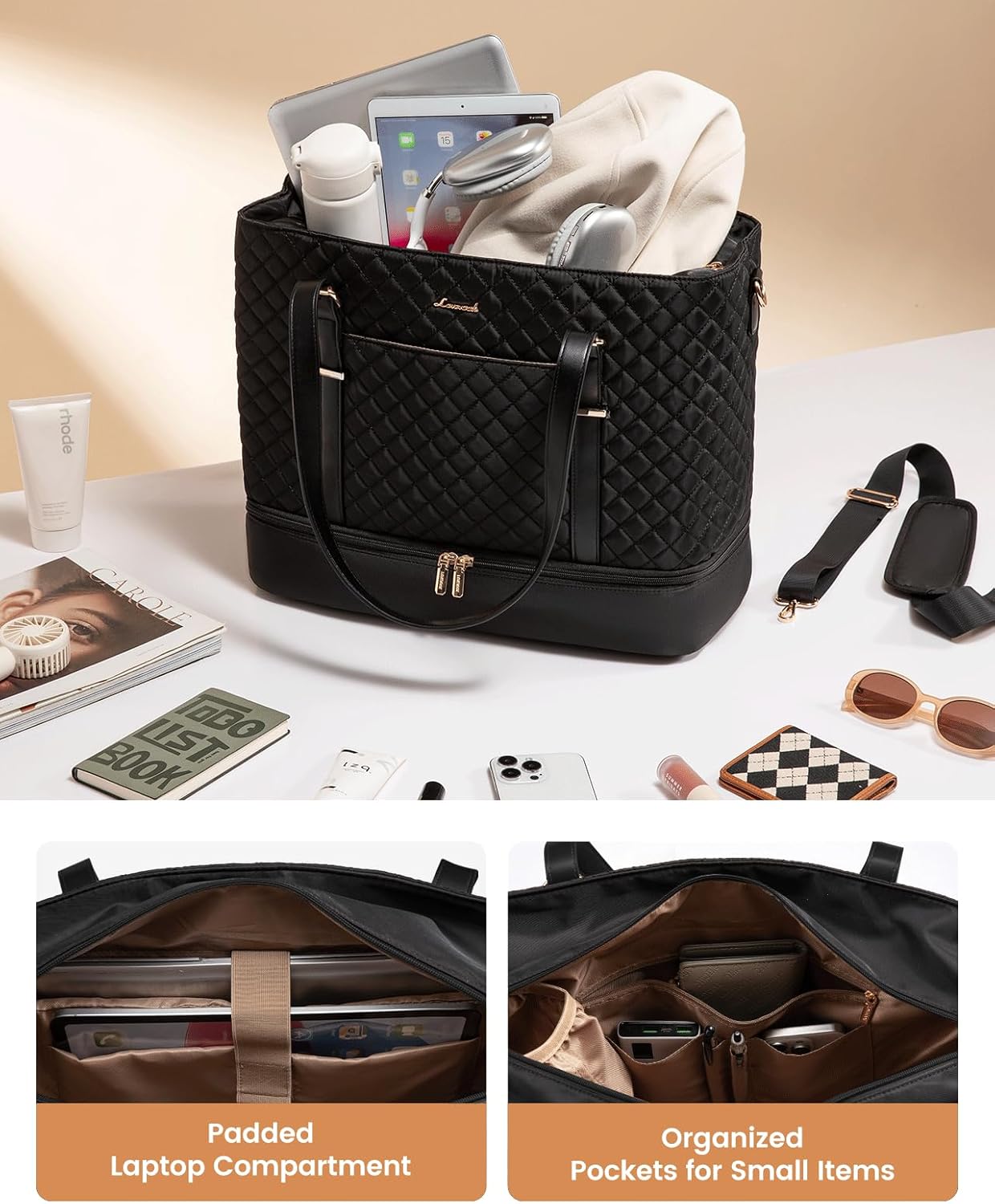 Lunch Tote Bag for Women, 15.6 Inch Laptop Work Bag With Lunch Compartment & Large Cup Holder, Lightweight Work Briefcase for Travel, Bussiness, Teacher