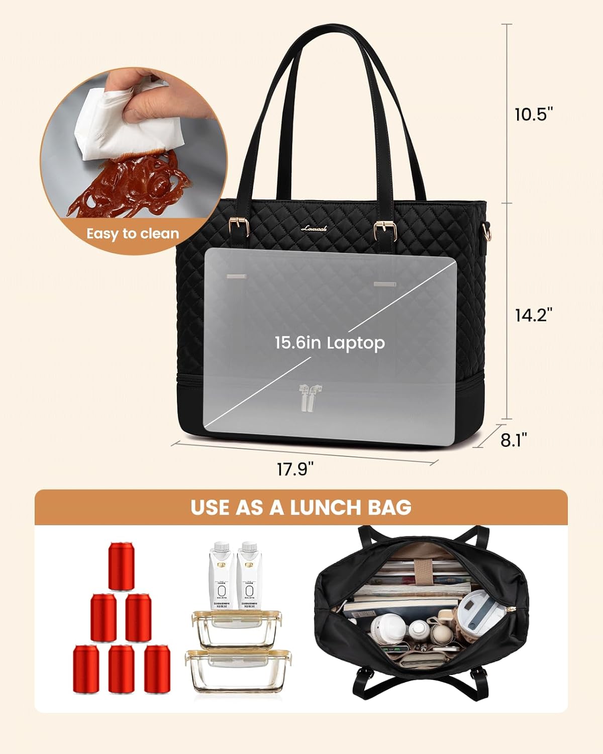 Lunch Tote Bag for Women, 15.6 Inch Laptop Work Bag With Lunch Compartment & Large Cup Holder, Lightweight Work Briefcase for Travel, Bussiness, Teacher