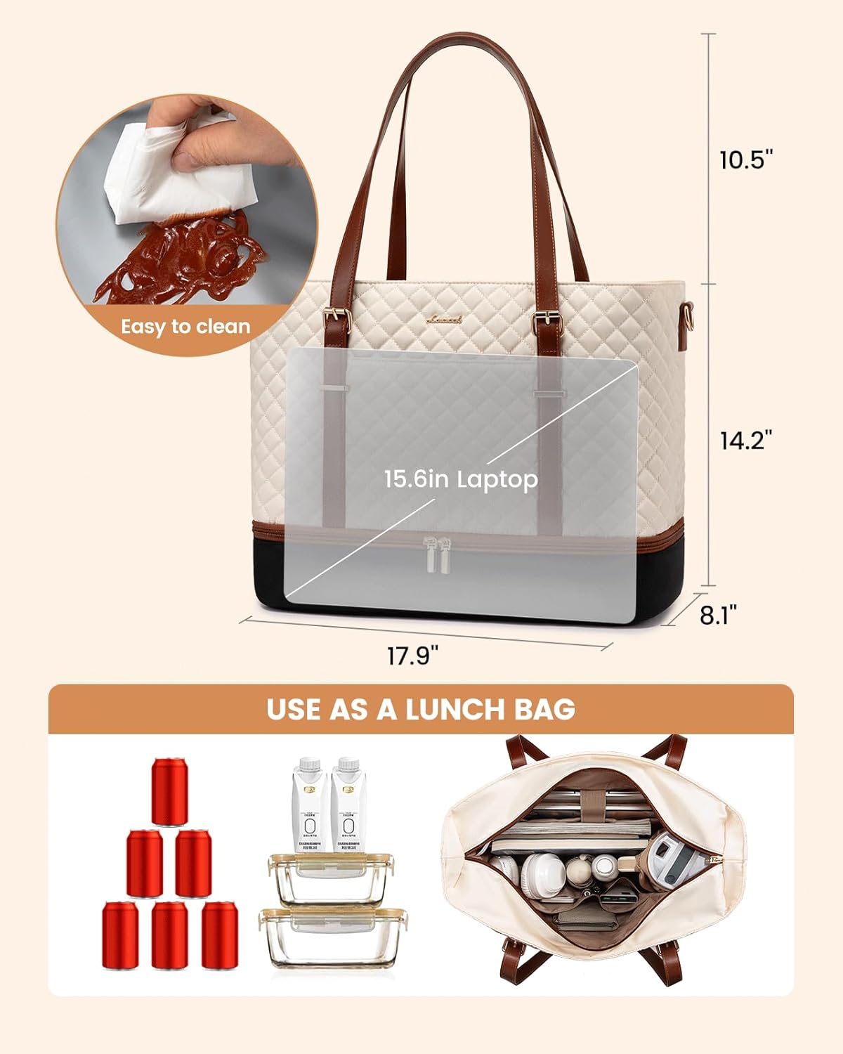 Lunch Tote Bag for Women, 15.6 Inch Laptop Work Bag With Lunch Compartment & Large Cup Holder, Lightweight Work Briefcase for Travel, Bussiness, Teacher