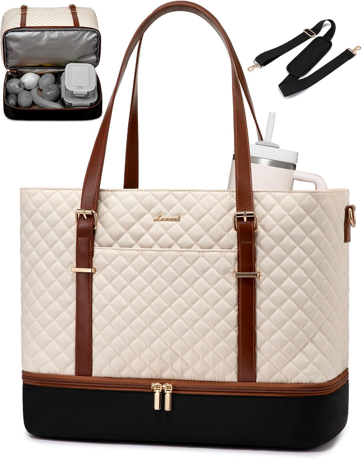 Lunch Tote Bag for Women, 15.6 Inch Laptop Work Bag With Lunch Compartment & Large Cup Holder, Lightweight Work Briefcase for Travel, Bussiness, Teacher