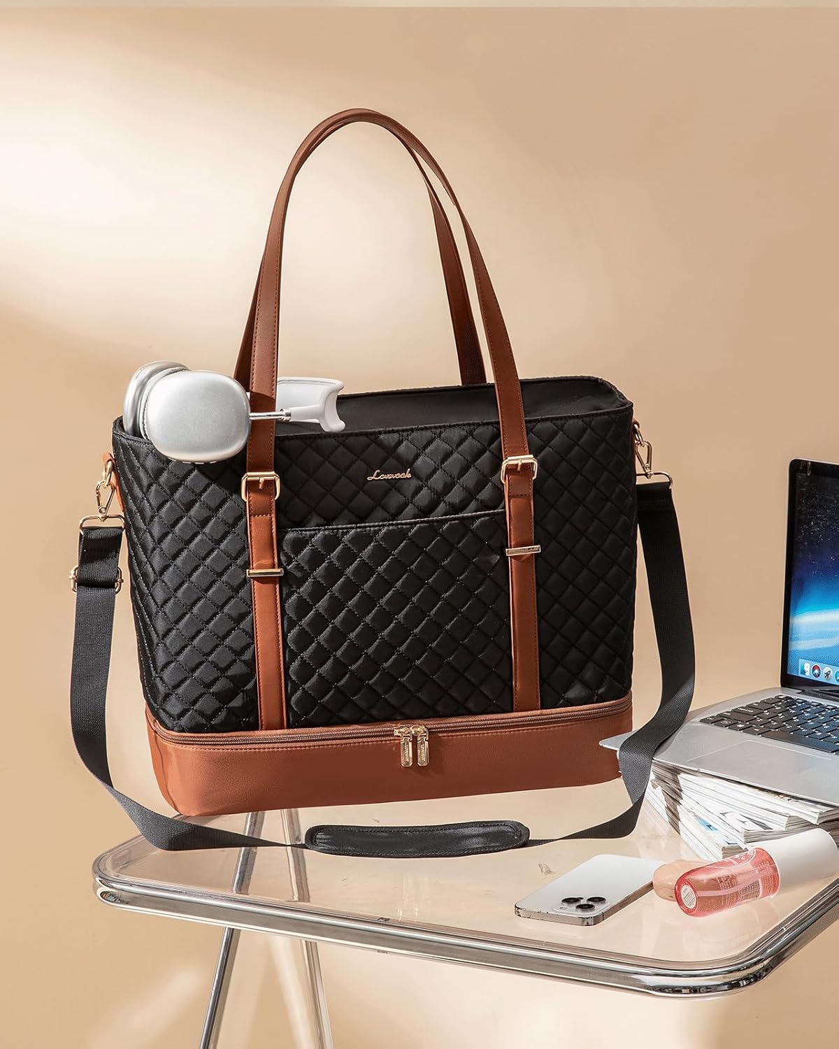 Lunch Tote Bag for Women, 15.6 Inch Laptop Work Bag With Lunch Compartment & Large Cup Holder, Lightweight Work Briefcase for Travel, Bussiness, Teacher