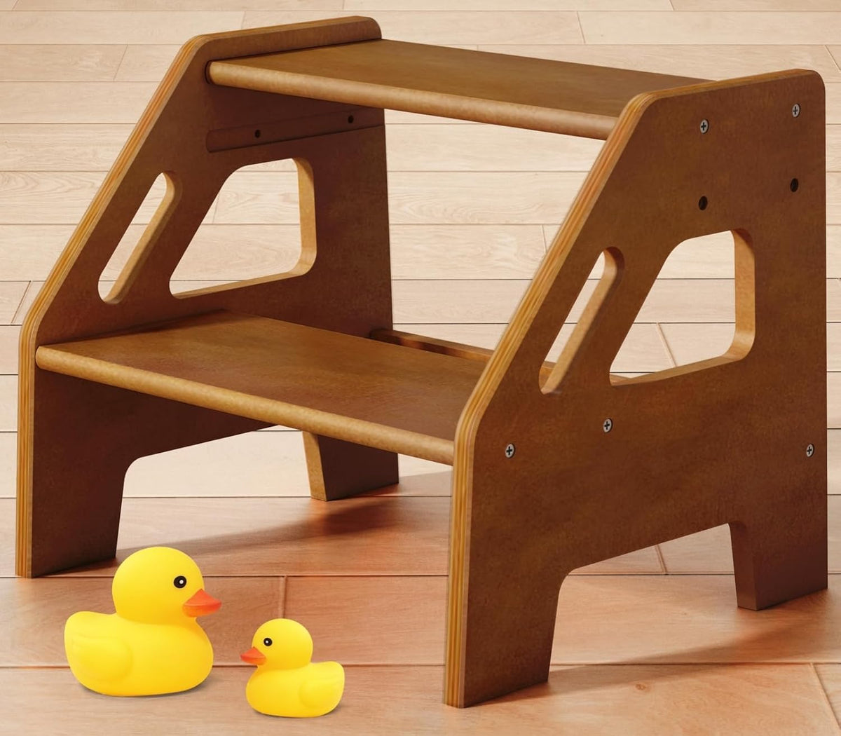 Wooden Toddler Step Stool for Bathroom Sink, Dark Wood Kids Toilet 2 Step Stool for Toddlers Potty Training, Baby Child Stepping Stools with Handles for Bedroom Kitchen Counter (Walnut Brown)