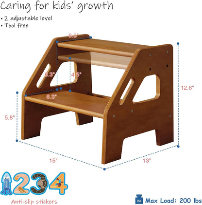 Wooden Toddler Step Stool for Bathroom Sink, Dark Wood Kids Toilet 2 Step Stool for Toddlers Potty Training, Baby Child Stepping Stools with Handles for Bedroom Kitchen Counter (Walnut Brown)