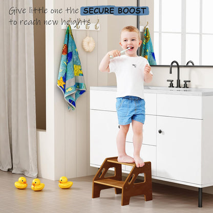 Wooden Toddler Step Stool for Bathroom Sink, Dark Wood Kids Toilet 2 Step Stool for Toddlers Potty Training, Baby Child Stepping Stools with Handles for Bedroom Kitchen Counter (Walnut Brown)